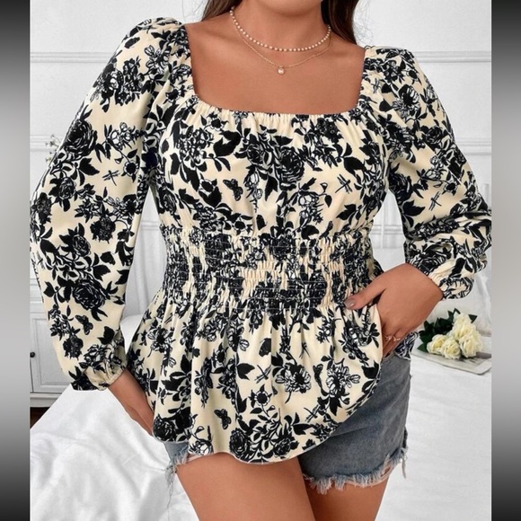 Boho black floral print square lantern sleeve blouse - Picture 1 of 15